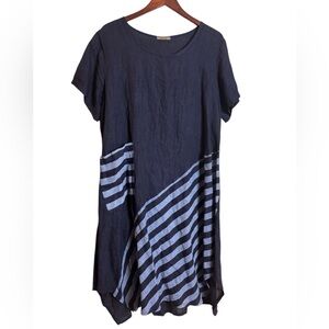 Beyond Capri Italian Linen Asymmetrical Navy Striped Lagenlook Dress One Size